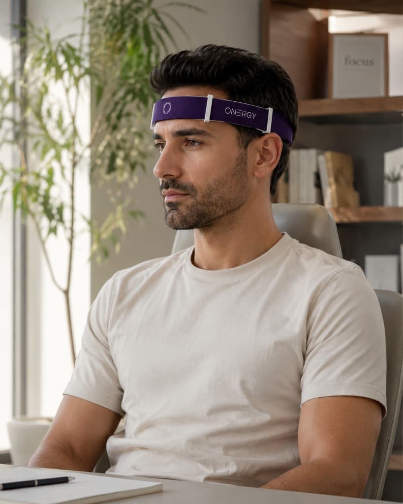 Man wearing ONERGY headband while focusing at a desk
