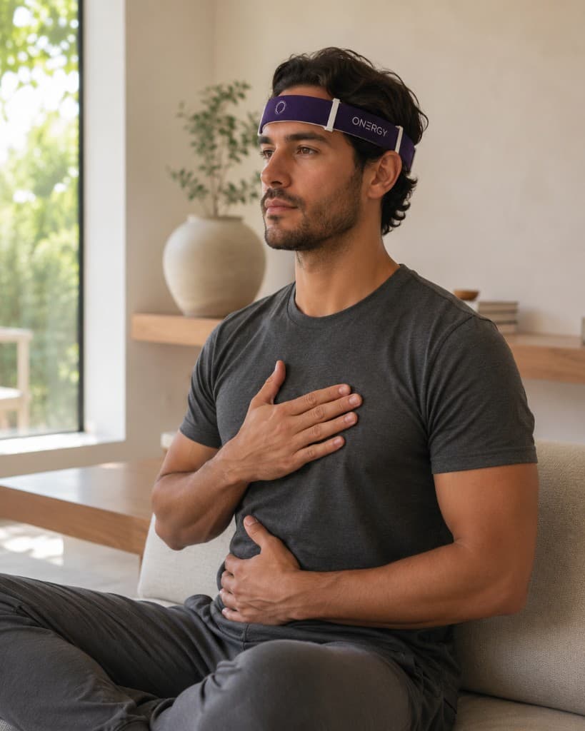 Man wearing ONERGY headband during a mindful breathing practice